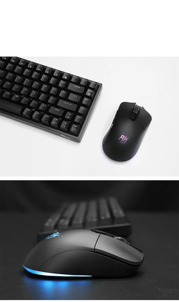 RK526 wireless mechanical keyboard and optical mouse set in blue, brown, or red.