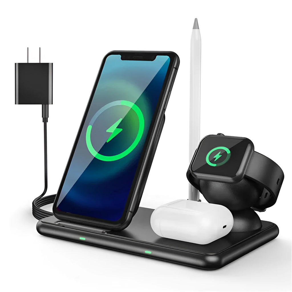 Black wireless charger for Apple phones, watches, and headsets with Type-C cable