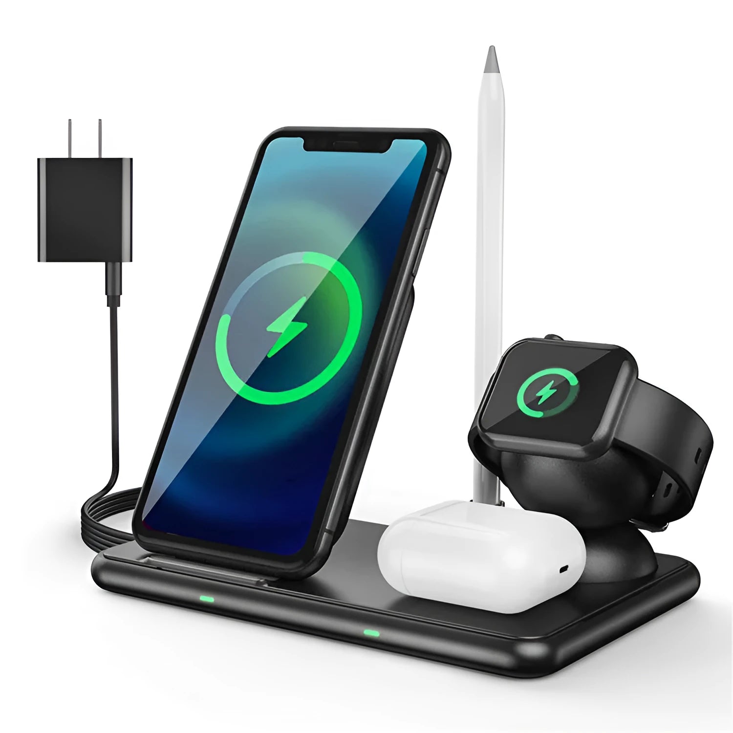 Black wireless charger for Apple phones, watches, and headsets with Type-C cable