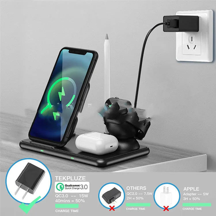 Black wireless charger for Apple phones, watches, and headsets with Type-C cable