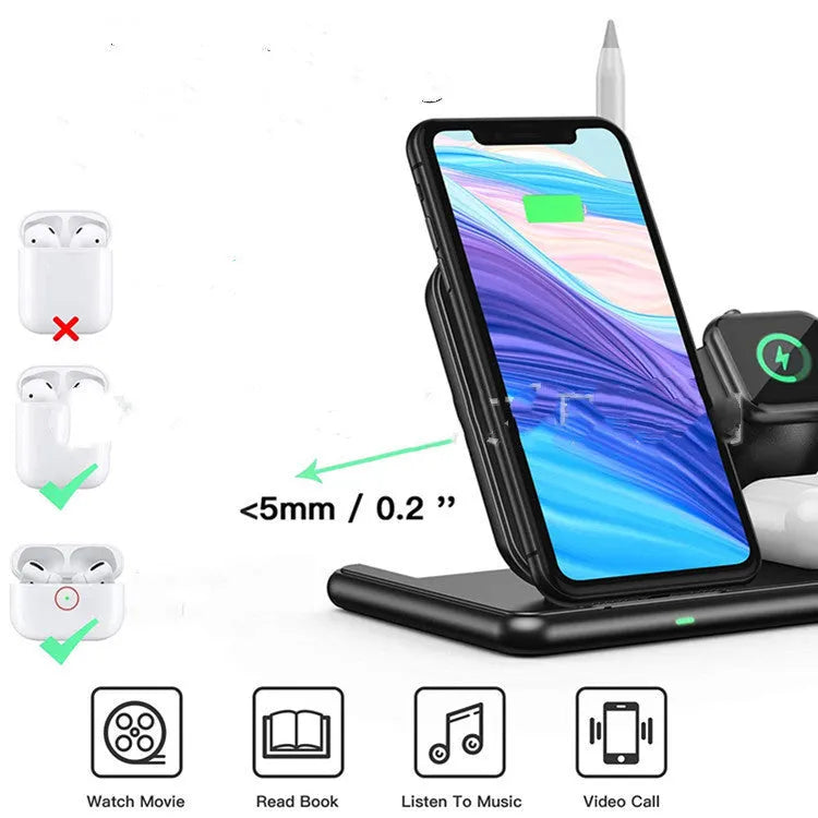 Black wireless charger for Apple phones, watches, and headsets with Type-C cable