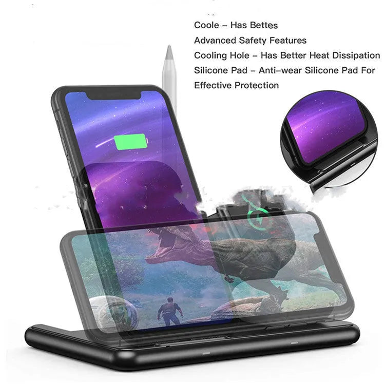 Black wireless charger for Apple phones, watches, and headsets with Type-C cable