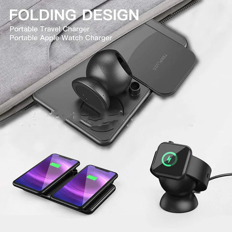 Black wireless charger for Apple phones, watches, and headsets with Type-C cable