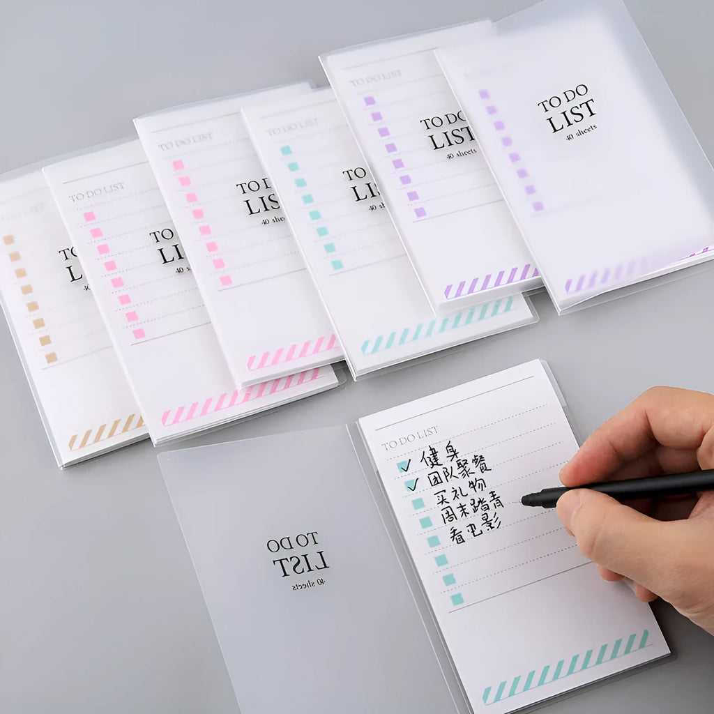 PP Frosted Notebook in yellow, green, and purple colour options showing 13x8cm size with tearable pages