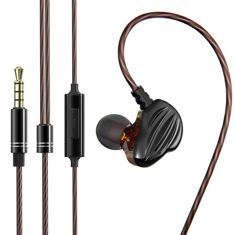 White in-ear sports headphones with black cable looped over the ear, showing the 3.5mm plug.