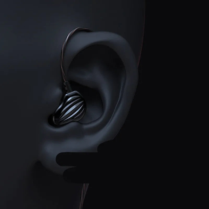White in-ear sports headphones with black cable looped over the ear, showing the 3.5mm plug.