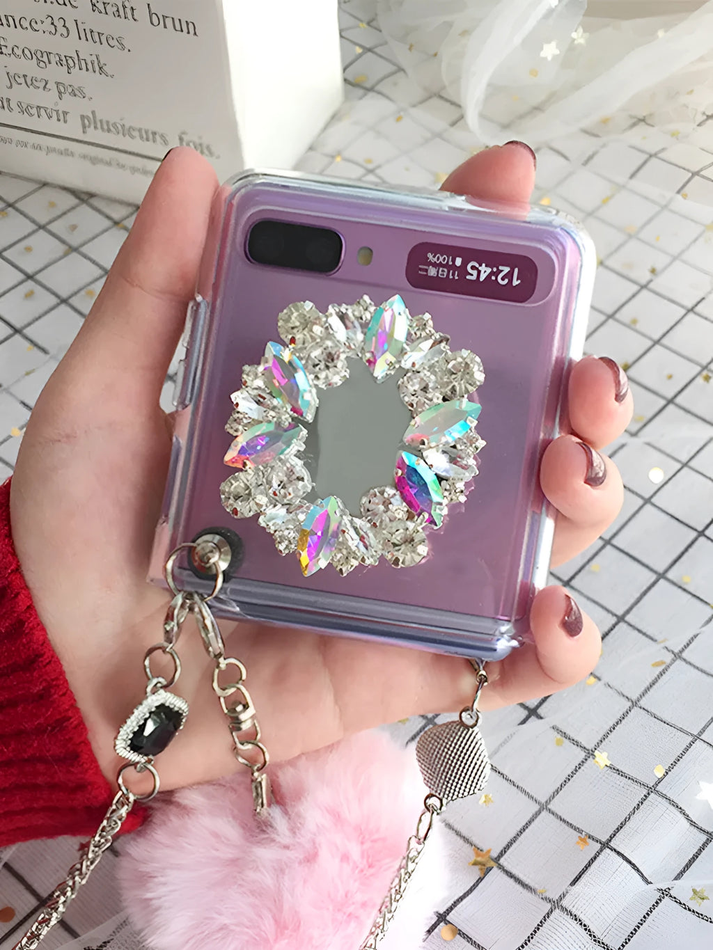 Samsung Galaxy Z Flip phone case with diagonal diamond hair powder cartoon pattern