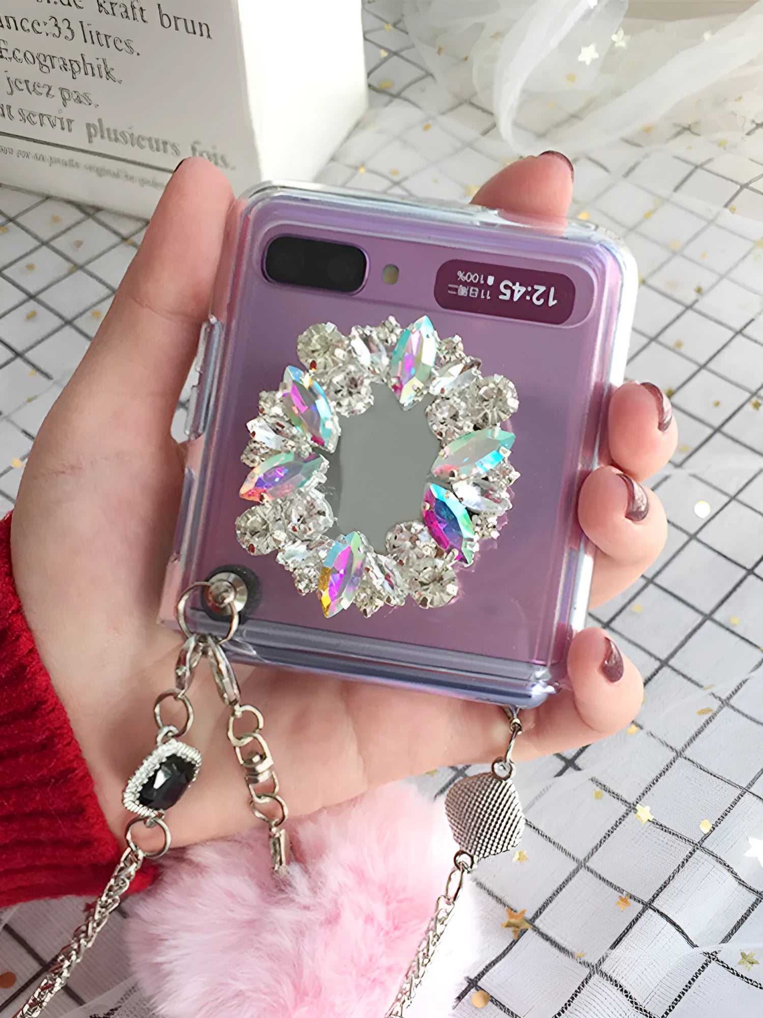 Samsung Galaxy Z Flip phone case with diagonal diamond hair powder cartoon pattern
