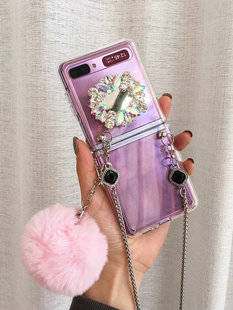 Samsung Galaxy Z Flip phone case with diagonal diamond hair powder cartoon pattern