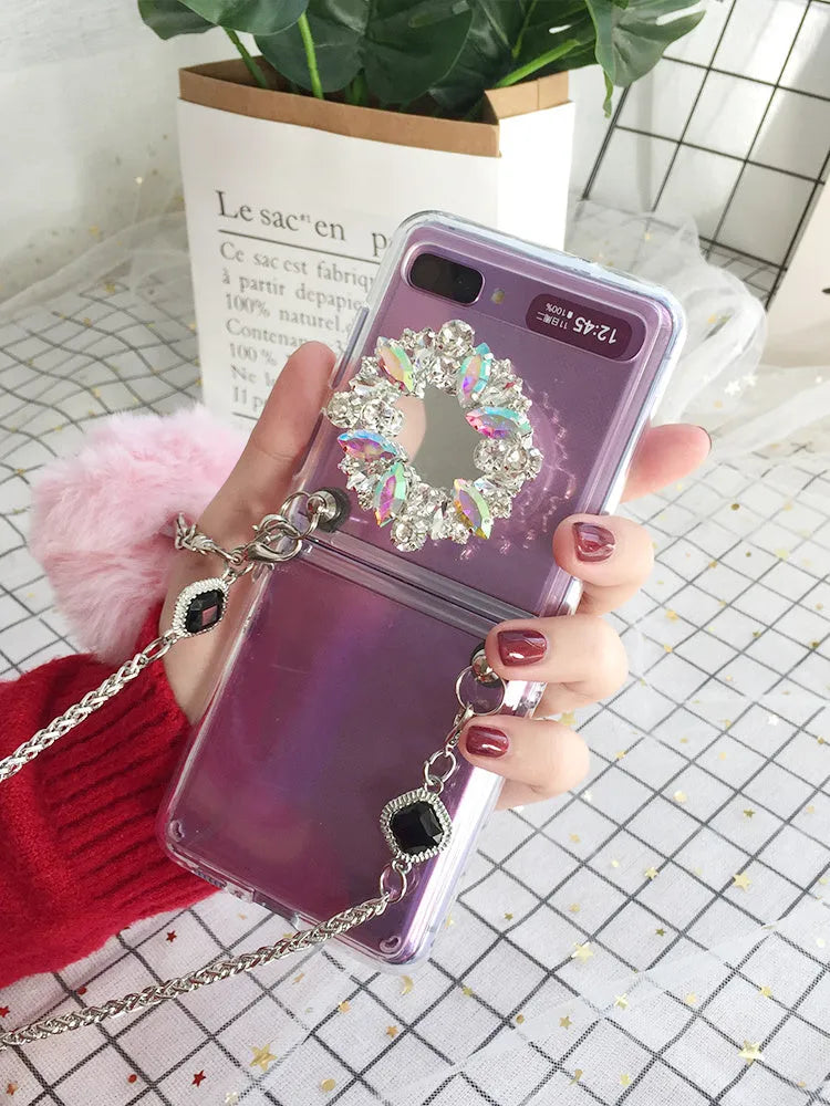 Samsung Galaxy Z Flip phone case with diagonal diamond hair powder cartoon pattern