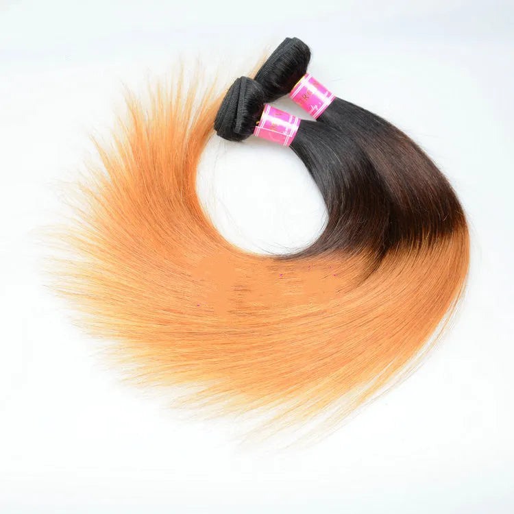 Straight hand woven human hair wig for ladies in Indian ombre three tone, medium length, 10 to 26 inch