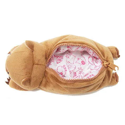 Brown soft plush pencil case with cartoon wombat design and zip closure
