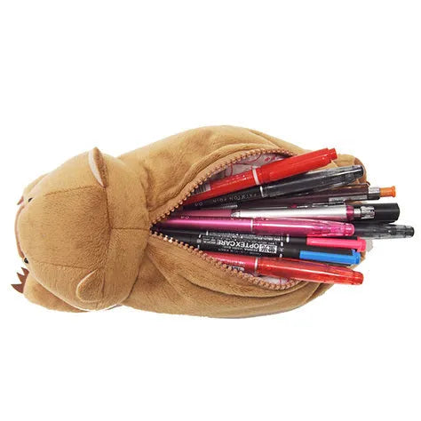 Brown soft plush pencil case with cartoon wombat design and zip closure