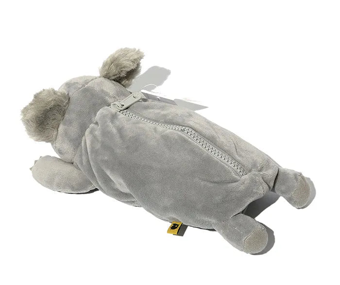 Brown soft plush pencil case with cartoon wombat design and zip closure