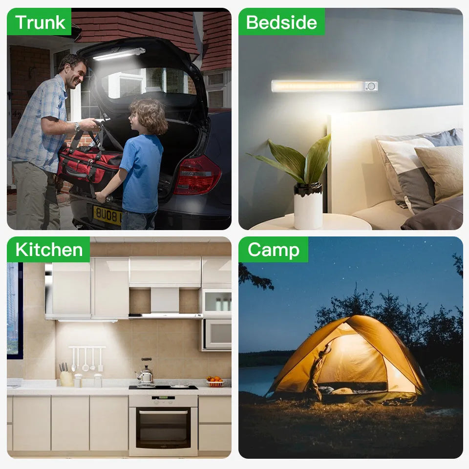 Smart USB charging body induction lamp with aluminium alloy shade, showing motion sensor and LED beads