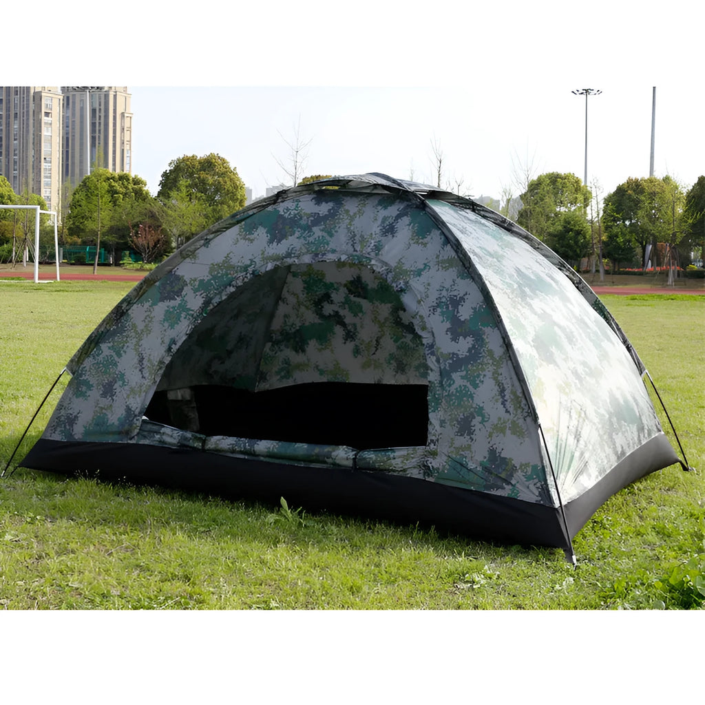 3-4 person camouflage outdoor travel tent with glass fiber poles and 170T polyester fabric