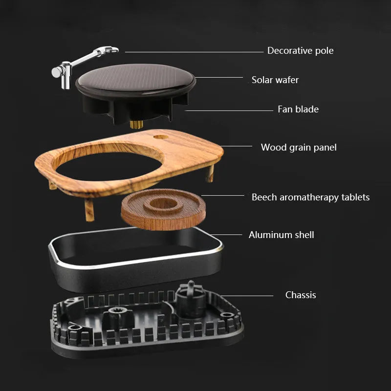 Solar rotating record player car air freshener with beech wood chips and silicone sticker in black, blue, grey, or red