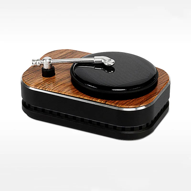 Solar rotating record player car air freshener with beech wood chips and silicone sticker in black, blue, grey, or red