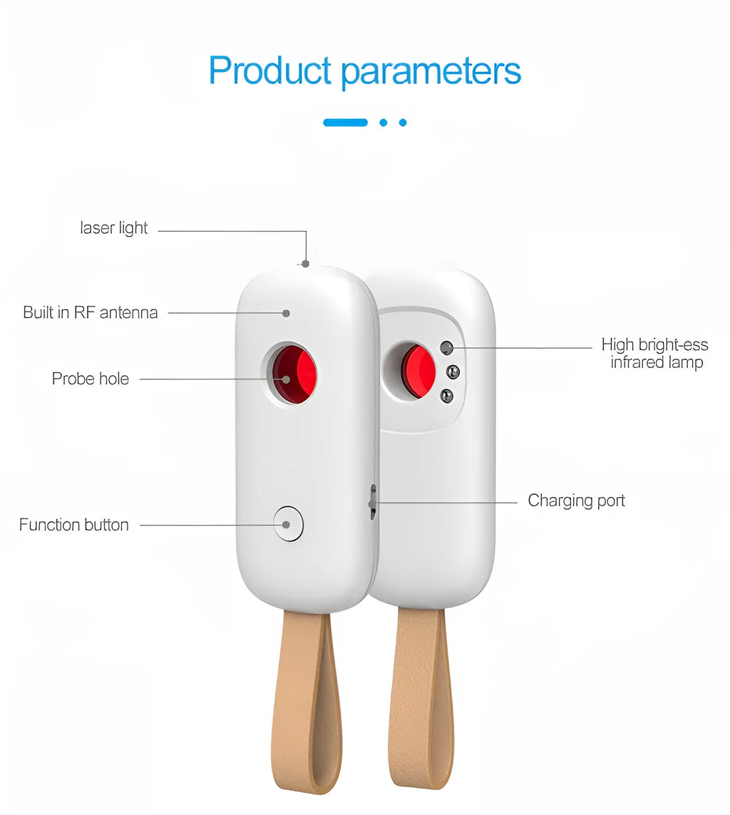 White New-T6 hidden camera detector, ABS plastic, 77 x 34 x 15 mm, 50-3G MHz, 3 metre range, alarm mode