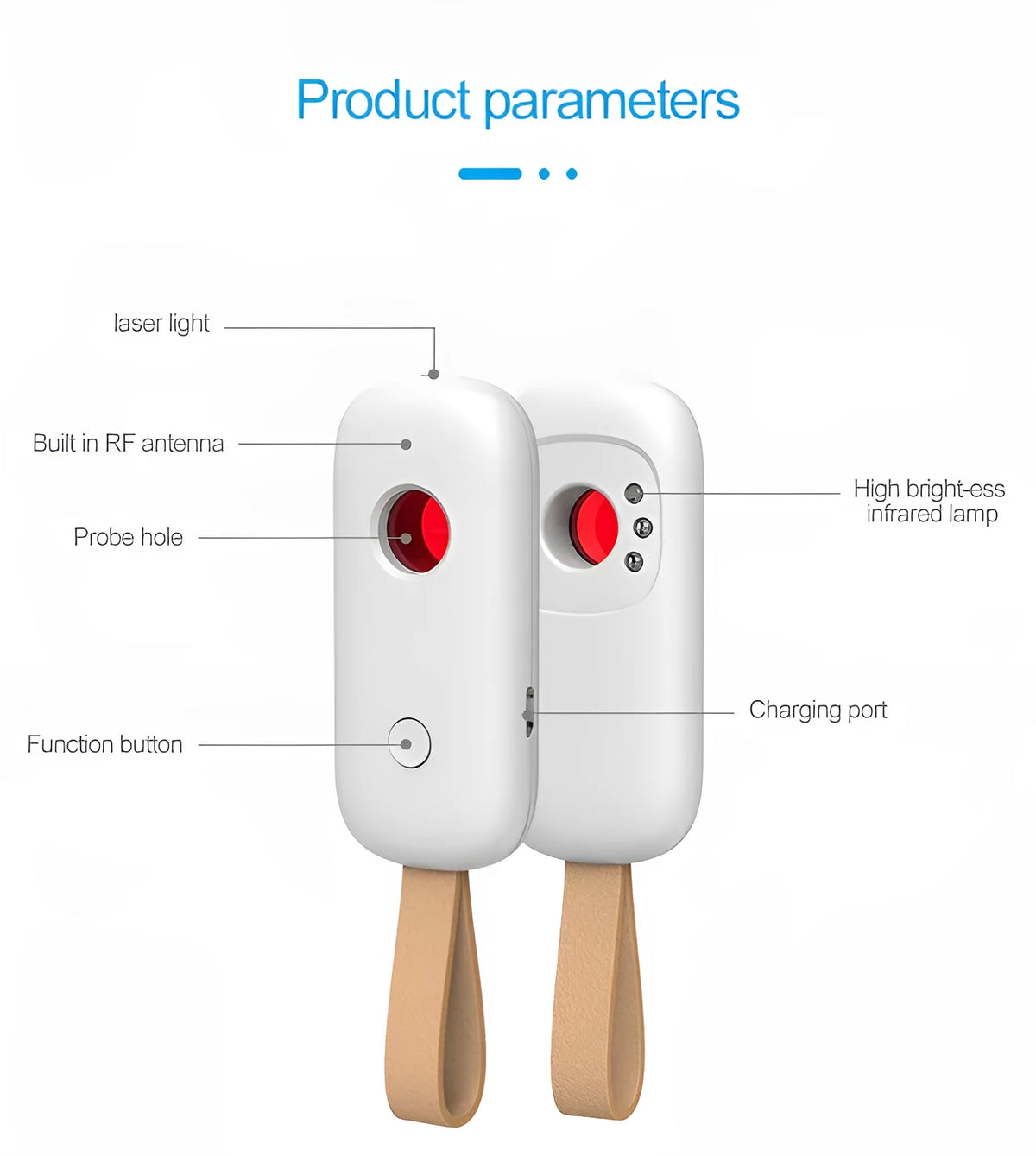 White New-T6 hidden camera detector, ABS plastic, 77 x 34 x 15 mm, 50-3G MHz, 3 metre range, alarm mode