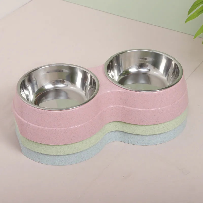 Wheat straw double pet bowl for cats in pink, blue, or green, box gauge 51 x 28 x 35 cm