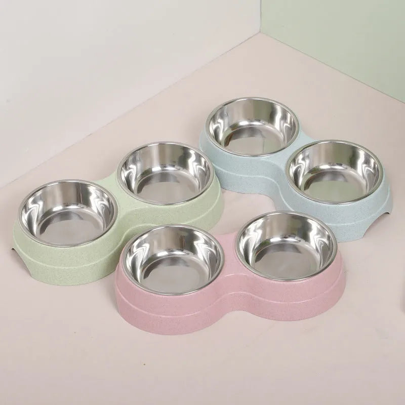 Wheat straw double pet bowl for cats in pink, blue, or green, box gauge 51 x 28 x 35 cm