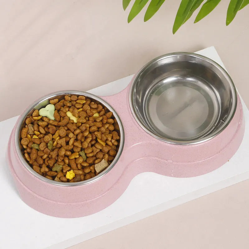 Wheat straw double pet bowl for cats in pink, blue, or green, box gauge 51 x 28 x 35 cm