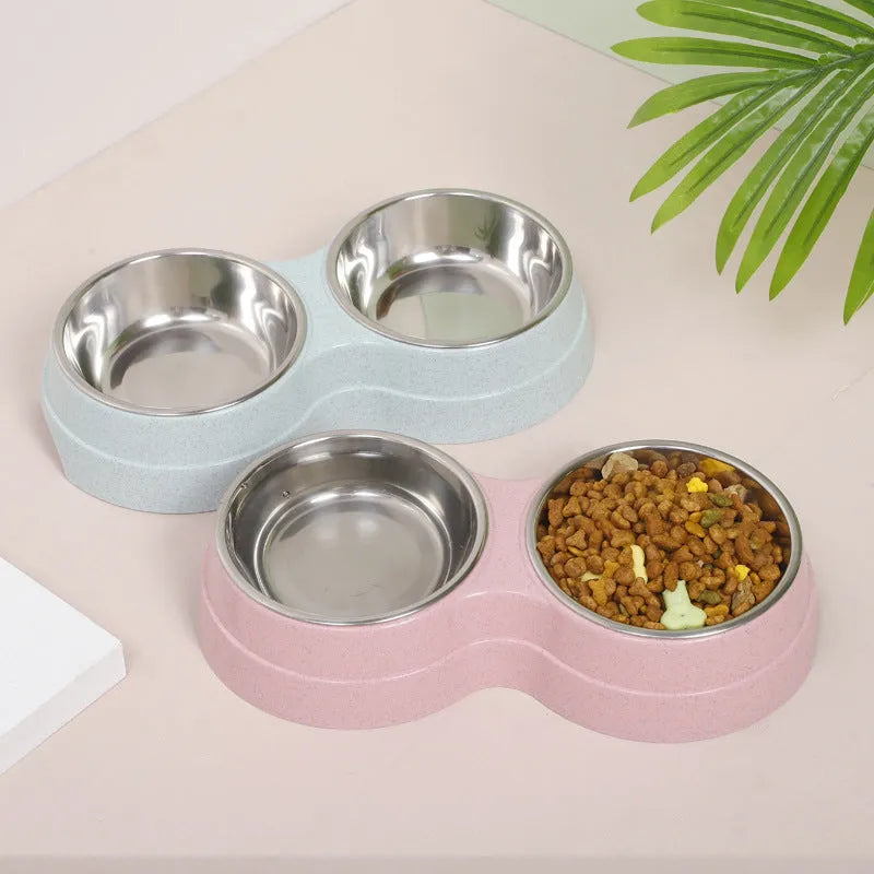 Wheat straw double pet bowl for cats in pink, blue, or green, box gauge 51 x 28 x 35 cm