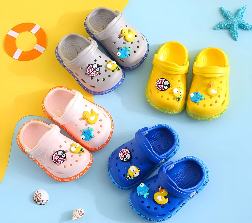 Cartoon pattern PVC slippers for toddlers in yellow, blue, pink, grey and sky blue colours