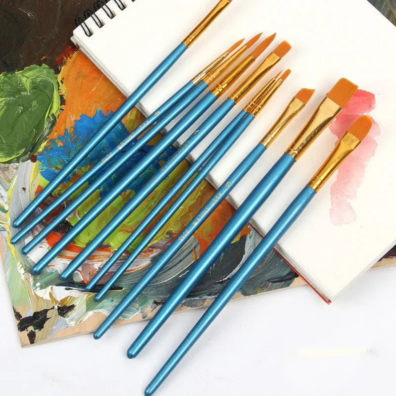 10 blue round head gouache brushes with 20 cm wooden handles arranged together