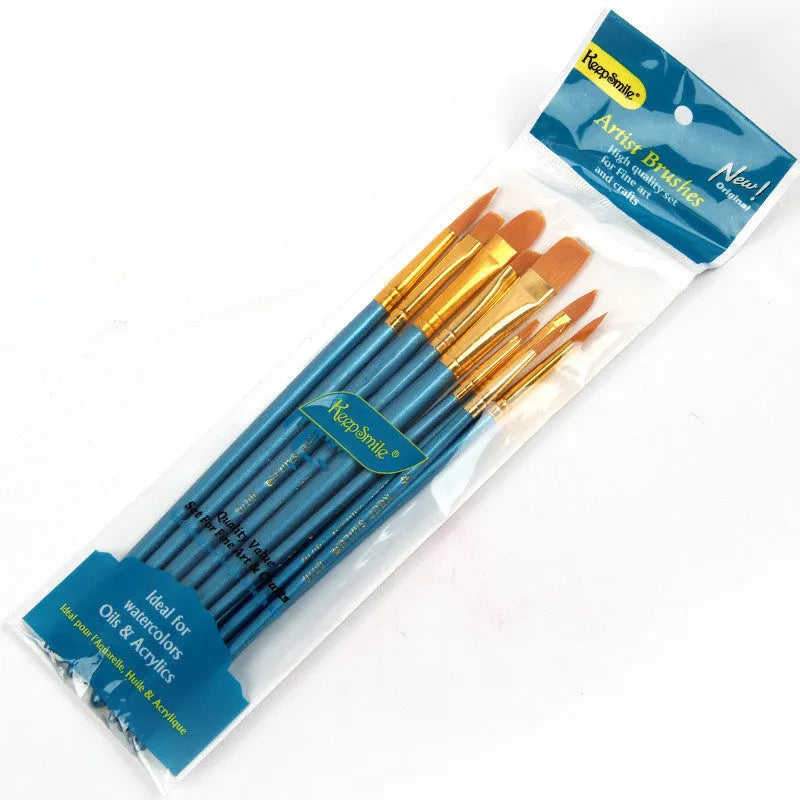 10 blue round head gouache brushes with 20 cm wooden handles arranged together