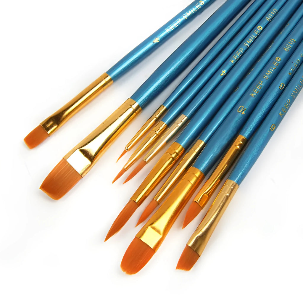 10 blue round head gouache brushes with 20 cm wooden handles arranged together