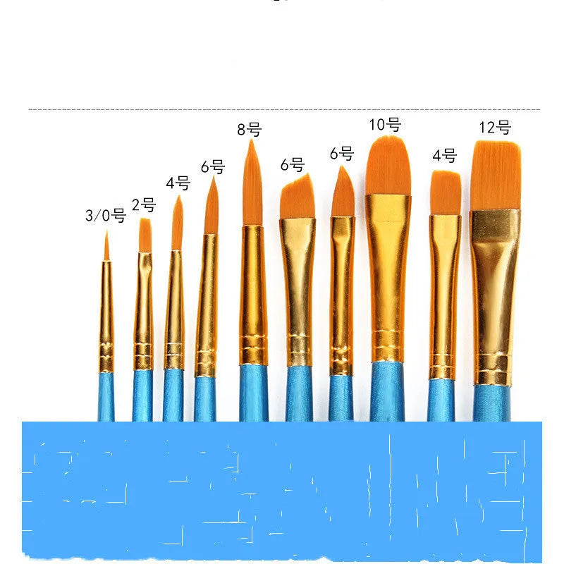 10 blue round head gouache brushes with 20 cm wooden handles arranged together