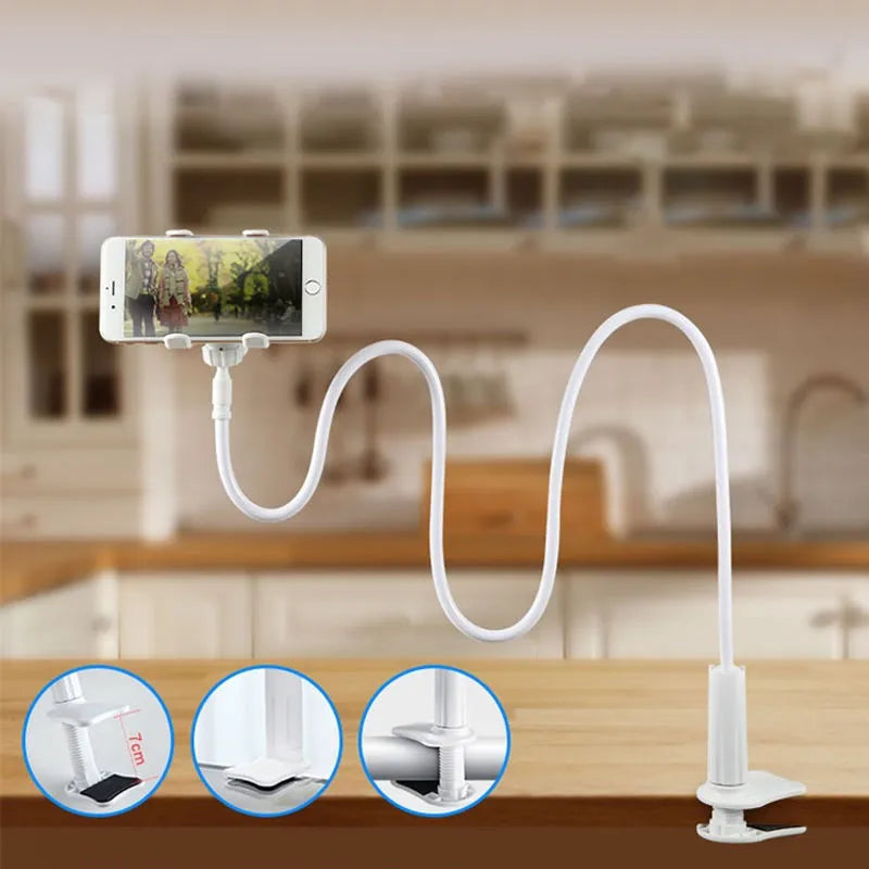 Desktop rotating phone stand with flexible boom and Rosh silicone construction