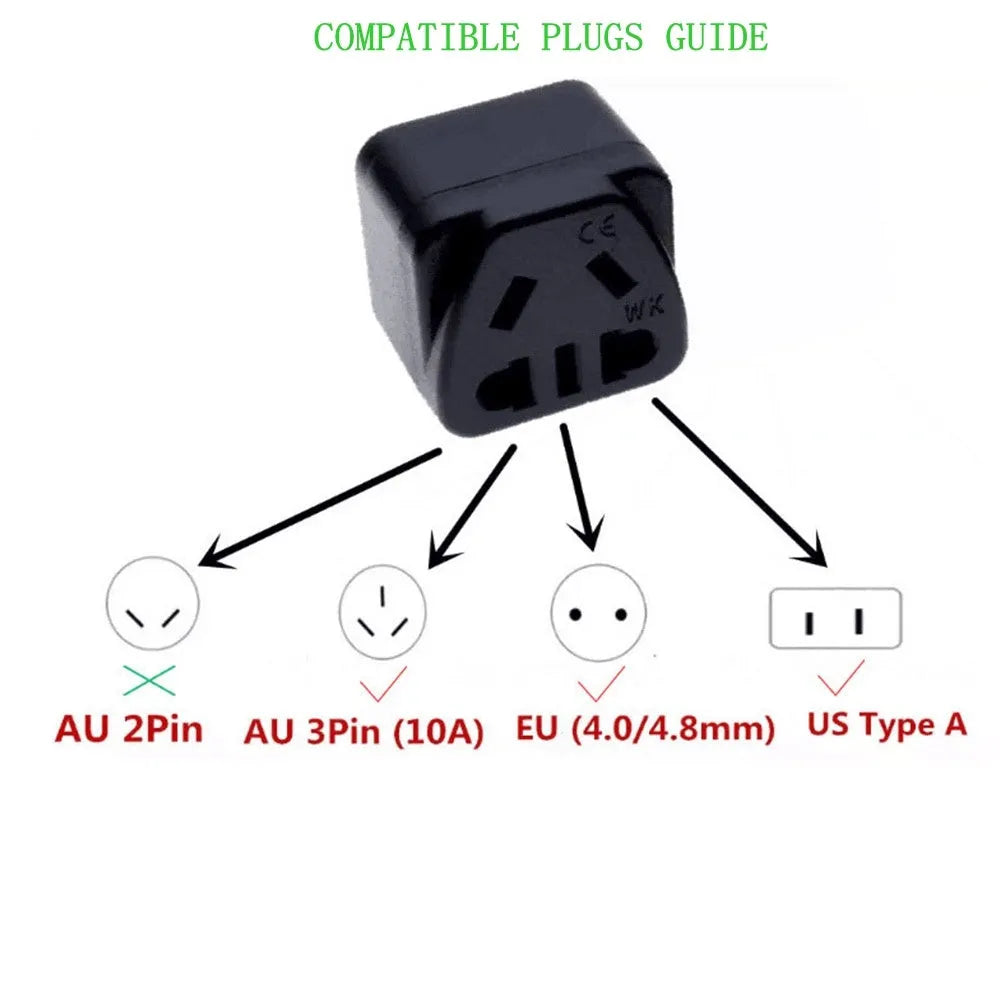 Square white international power adapter converting to five UK three-pin sockets.
