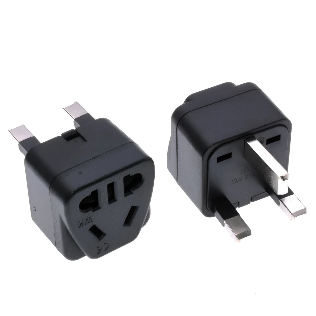 Square white international power adapter converting to five UK three-pin sockets.