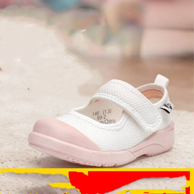 White children's cloth shoes with mesh upper and Velcro fastening