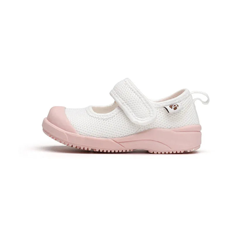 White children's cloth shoes with mesh upper and Velcro fastening