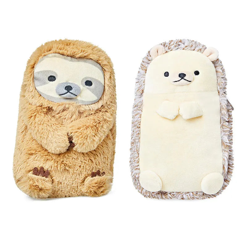 A plush velvet pencil case with a creative, funny design shown in one of two available colour options.