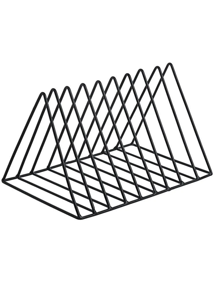 Wrought iron triangle desktop book stand in black or white, holding books upright on a desk