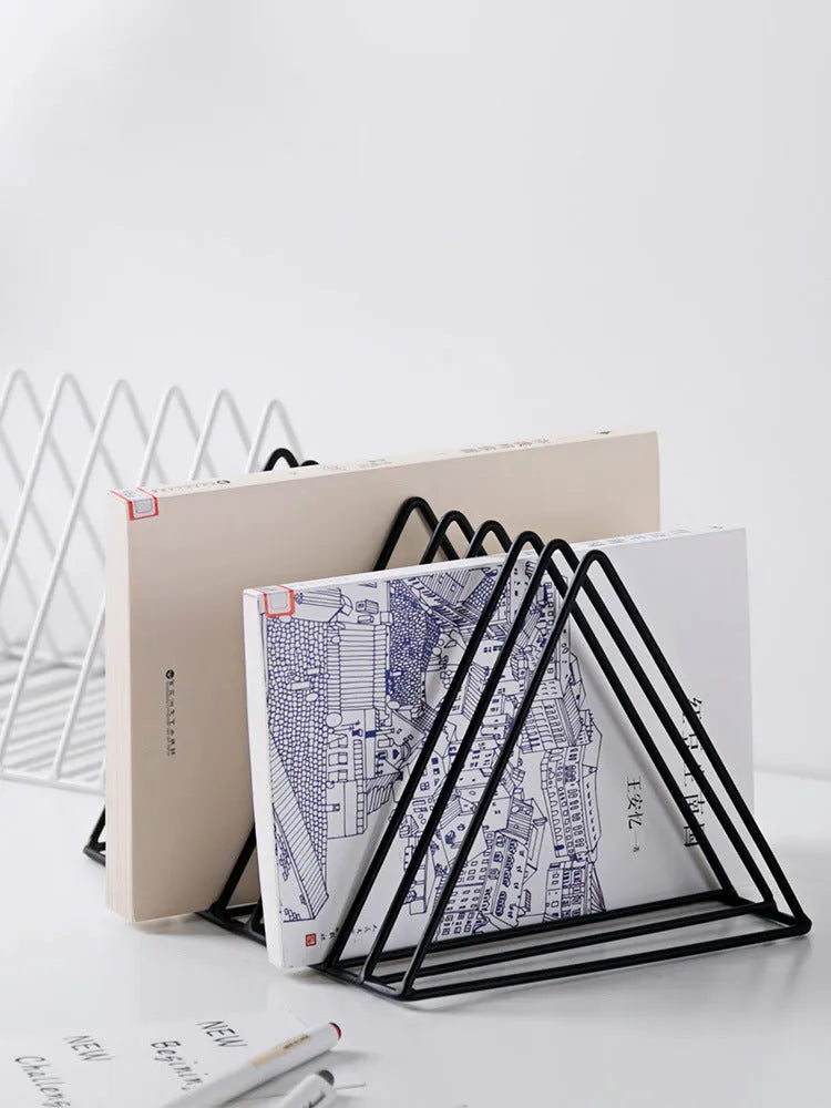 Wrought iron triangle desktop book stand in black or white, holding books upright on a desk