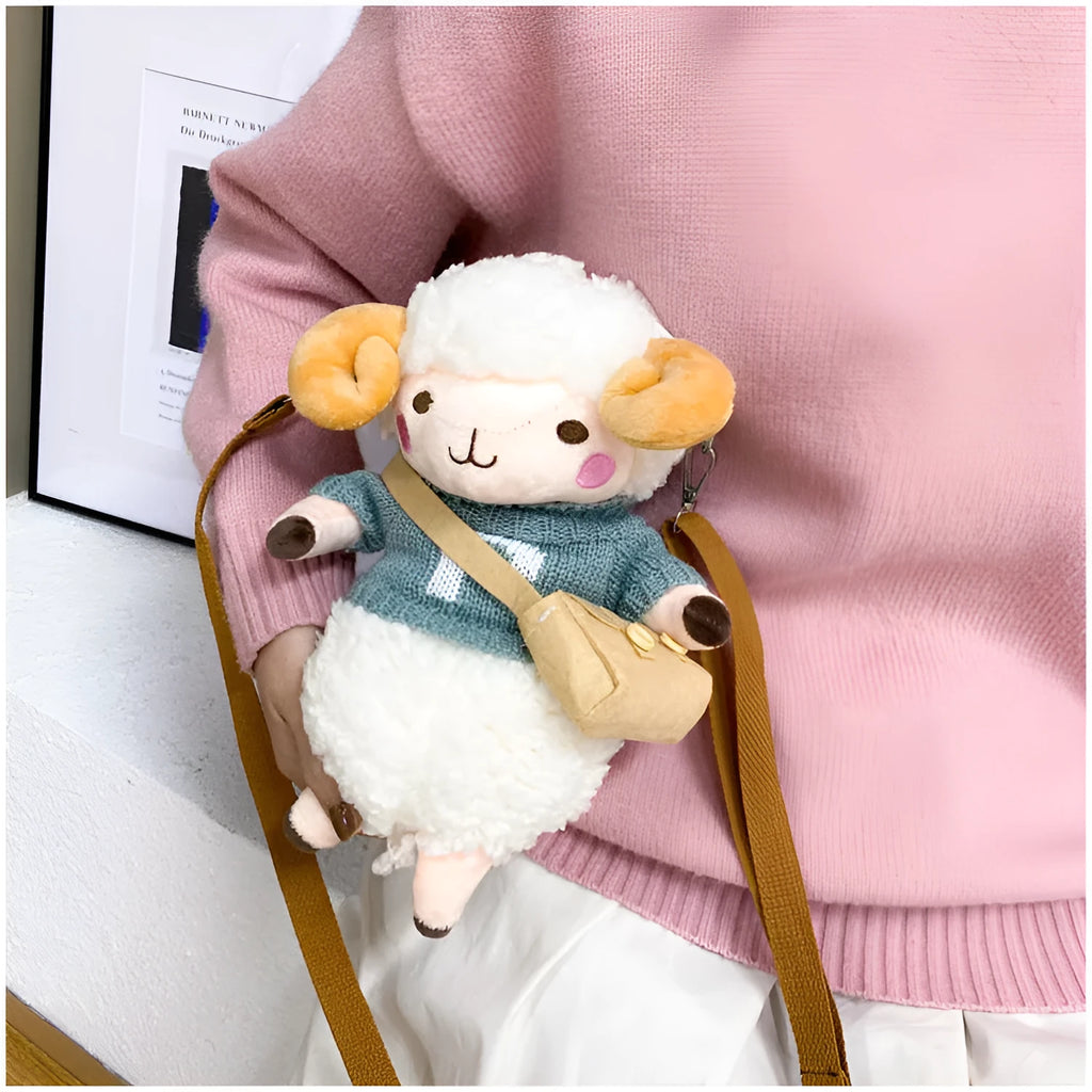 Little Sheep women's plush crossbody messenger bag with lamb pattern and zipper closure