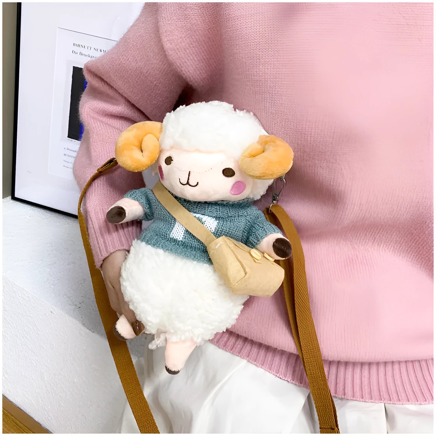 Little Sheep women's plush crossbody messenger bag with lamb pattern and zipper closure
