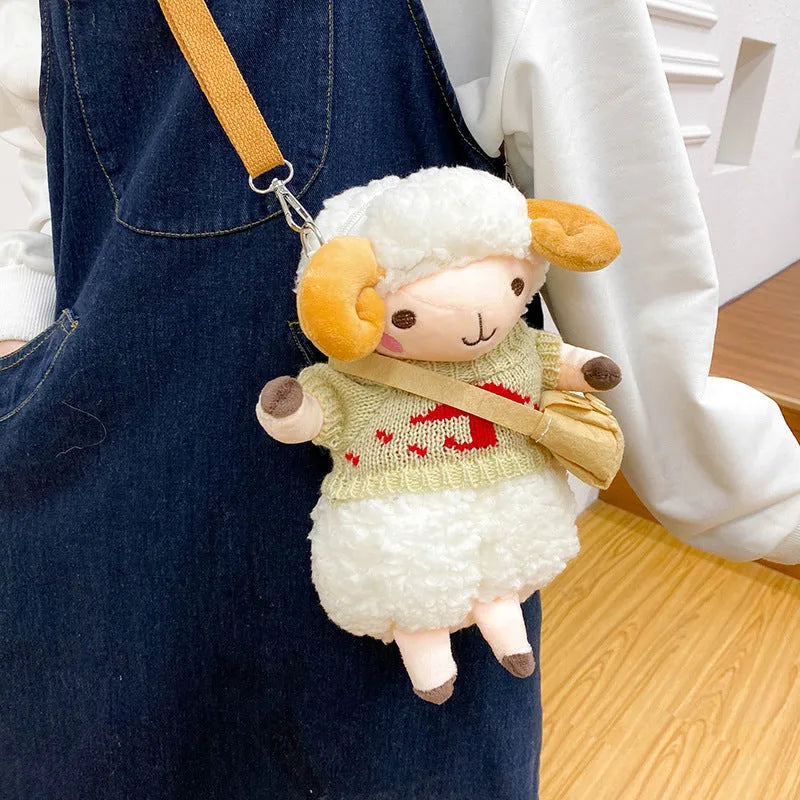 Little Sheep women's plush crossbody messenger bag with lamb pattern and zipper closure