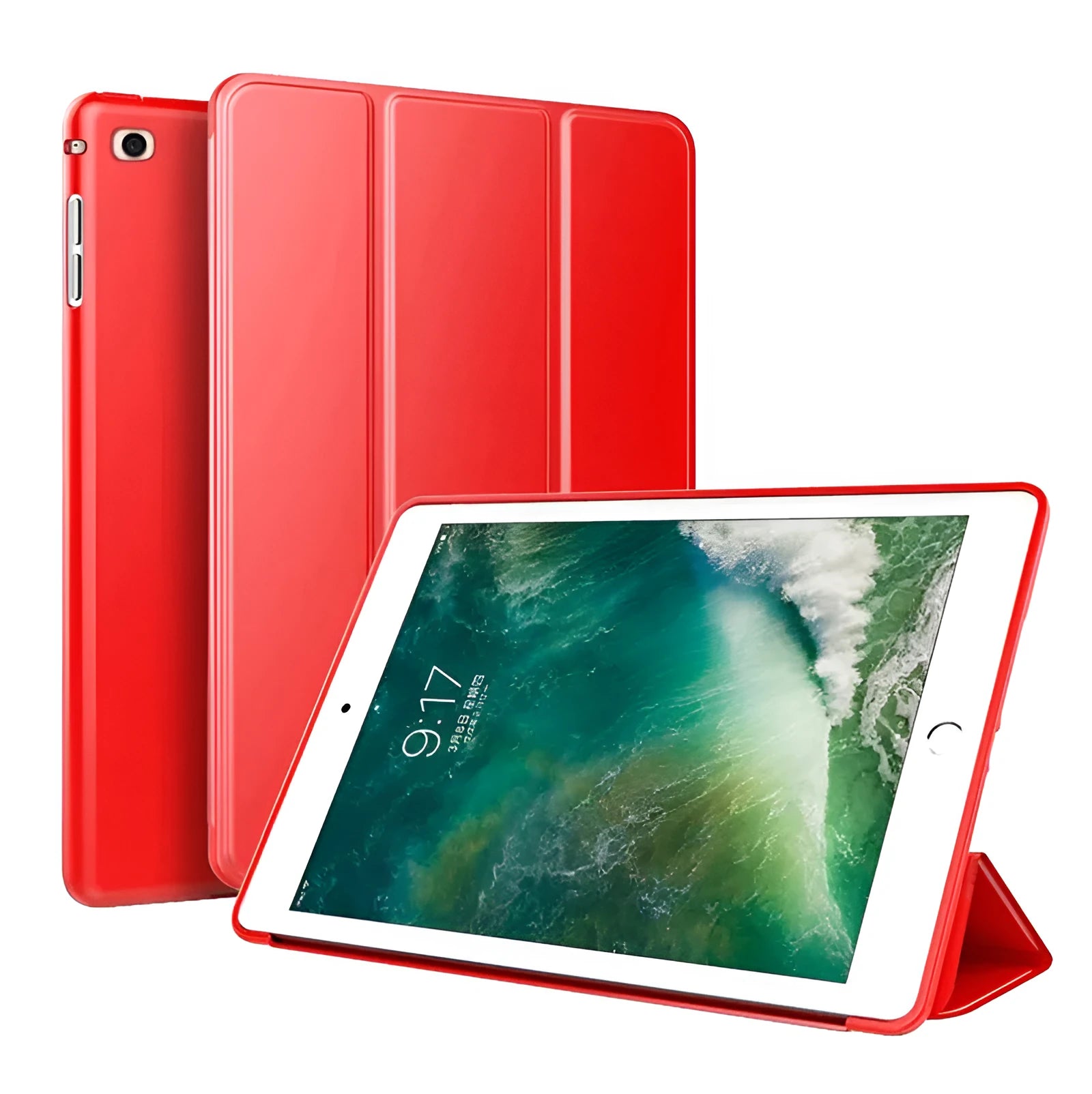 Black TPU silicone clamshell case for iPad Air 2 with built-in stand folded out.