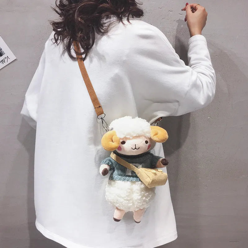 Little Sheep women's plush crossbody messenger bag with lamb pattern and zipper closure