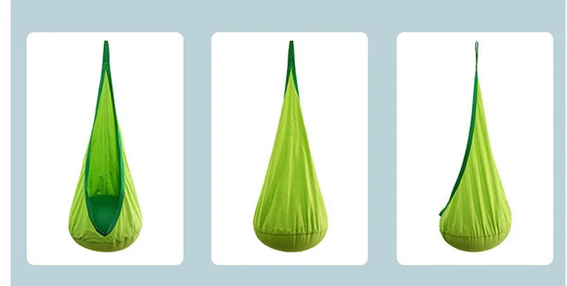 Cotton pod swing chair in green or rose red, hanging seat for indoor outdoor use, holds up to 100kg