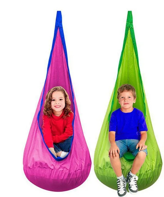Cotton pod swing chair in green or rose red, hanging seat for indoor outdoor use, holds up to 100kg