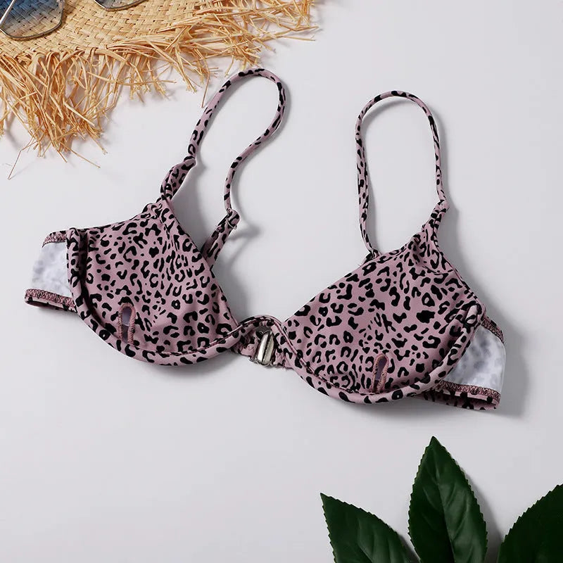 Leopard print three-piece swimsuit with skirt, adjustable string detailing, quick-drying nylon fabric