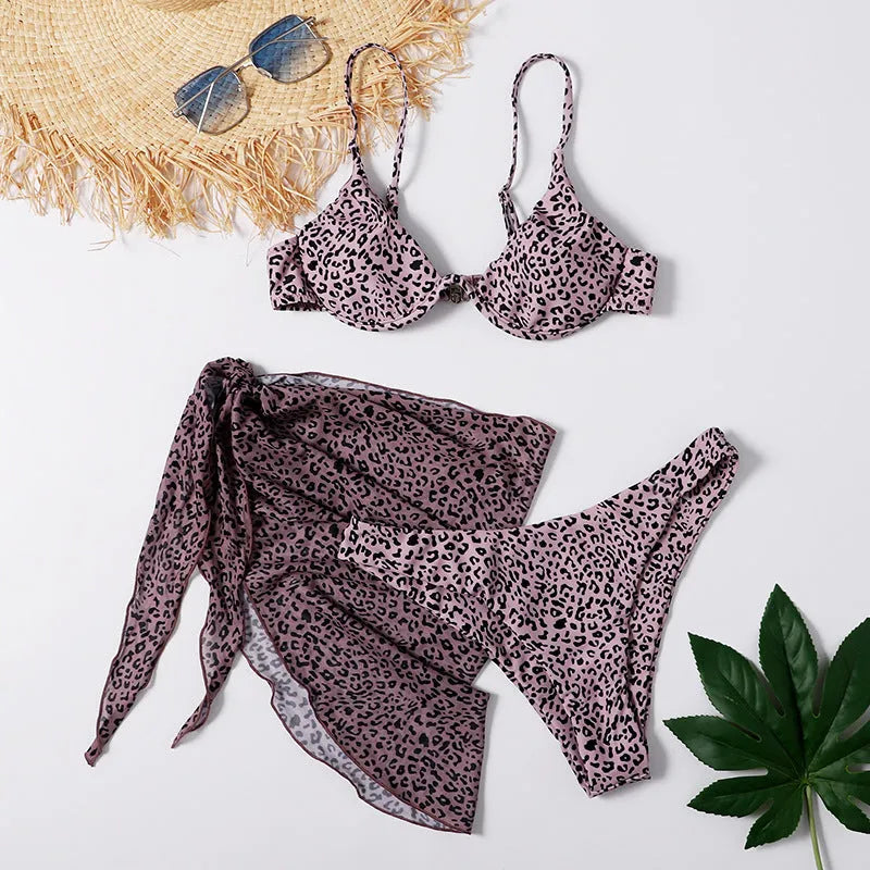 Leopard print three-piece swimsuit with skirt, adjustable string detailing, quick-drying nylon fabric